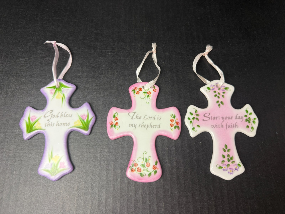 Vtg Hand Painted Floral Ceramic Crosses Double-Sided W/Loop Lot of 3